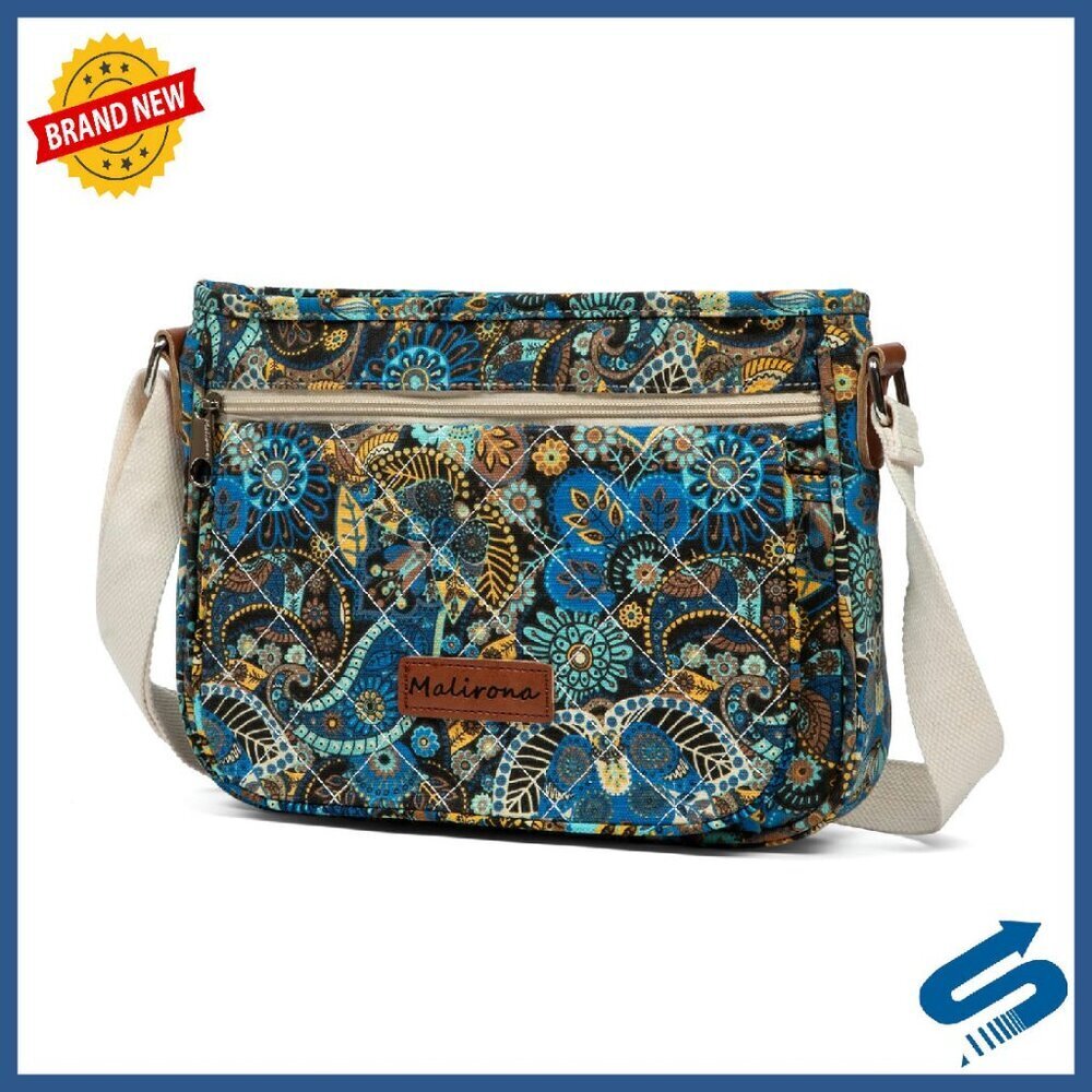 Canvas Crossbody Bag Floral Print Multi Pocket Travel Purse Satchel